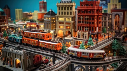 Canvas Print -  a model of a city with a train on the tracks and a christmas tree on the other side of the track.