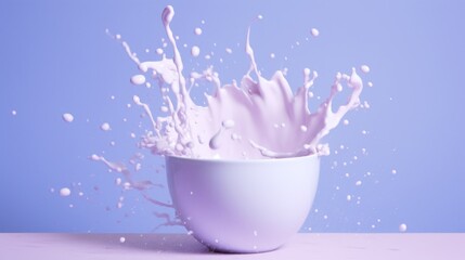  a splash of milk in a white cup on a pink surface with a blue back ground and a light blue back ground.