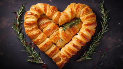 Sticker -  a heart shaped croissant with a sprig of rosemary on top of it in the shape of a heart.