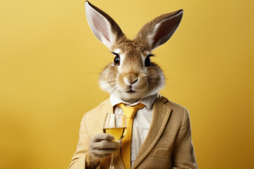 Easter bunny with a glass of champagne on a yellow background.