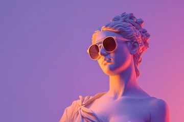 Wall Mural - Statue of Aphrodite with sunglasses on a purple background.