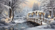  A Painting Of A Snowy Winter Scene With A Bridge Over A Stream And Lit Lanterns On The End Of The Bridge.