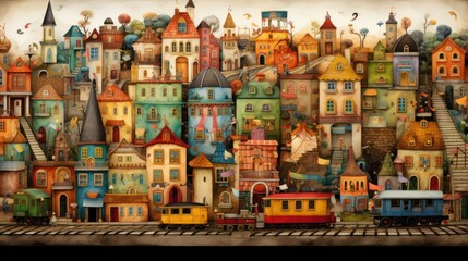 Poster -  a painting of a city with a train on the tracks and lots of buildings on the side of the road.