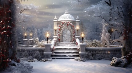 Sticker -  a set of steps leading up to a white gazebo in the middle of a snowy forest with candles lit on the steps.