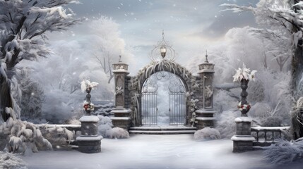 Poster -  a digital painting of a winter scene with a white door and a snowy path leading to the entrance of a castle.