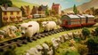  a herd of sheep walking across a lush green field next to a lush green field next to a train track.