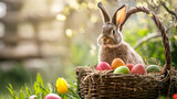 Fototapeta Tulipany - Cute Easter bunny with colorful eggs over spring nature background
