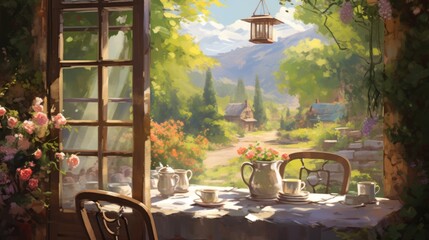 Poster -  a painting of a table and chairs in front of a window with a view of a garden and a birdcage.