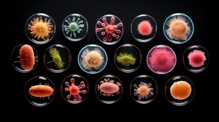 Poster -  a group of different types of germs in a petri dish on a black surface with a black background.