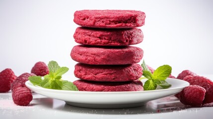 Sticker -  a stack of raspberry cookies on a white plate with raspberries on the side of the plate.