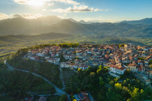 Aerial View Of Nusco, A Small Town On The Mountains In Irpinia, Avellino, Italy.