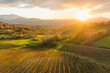 Aerial view of a mountains and hills landscape with vineyard and countryside at sunset in autumn colours, Irpinia, Avellino, Campania, Italy.