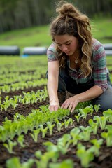 Wall Mural - Young female farmer plants seedlings of vegetables on farm on sunny day