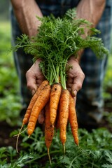 Wall Mural - Hand of farmer holding carrots at farm