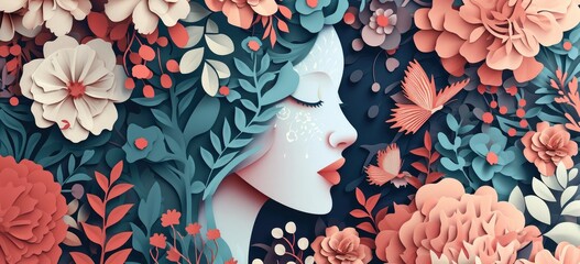 Wall Mural - Woman surrounded by floral paper art in serene composition. Artistic expression and craftsmanship.