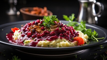 Sticker -  a black plate topped with mashed potatoes covered in cranberry sauce and garnished with parsley.