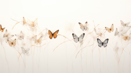 Poster -  a group of butterflies sitting on top of a field of tall dry grass on a white wall behind a row of tall dry grass.