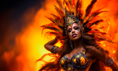 Wall Mural - Exotic Glamour: The Brazilian Samba Queen, sensual and energetic performance, donning an extravagant costume adorned with sequins, feathers, and a burst of vibrant colors during the Rio Carnival