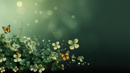 Poster -  a group of butterflies sitting on top of a lush green leaf covered field of clover covered with yellow and white flowers.