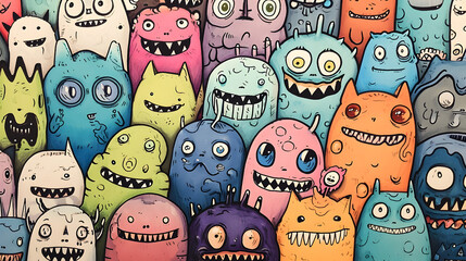 Canvas Print - hand drawn doodle monsters seamless pattern background