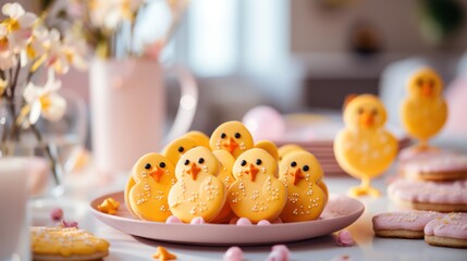 Wall Mural -  a bunch of little yellow chicks sitting on a pink plate next to a plate of cookies and a glass of milk.