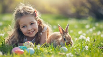 Wall Mural - Charming child with her pet rabbit by her side as they go on an Easter egg hunt