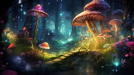 Wall Mural - a painting of a group of mushrooms in a forest with a stream in the foreground and a bridge in the m