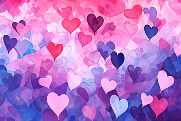 Wall Mural - Valentines day watercolor abstract hearts background, art aquarelle painting illustration