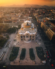 Aerial View Of Palacio De Bellas Artes, A Fine Art Museum In Mexico City At Sunset, Mexico.