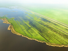 Aerial View Of Flooded Grassland Along Lake In Nature Area Sondeler Leien, Sondel, Gaasterland, Friesland, Netherlands.