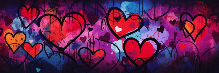 Wall Mural - Abstract colorful wall scribble hearts pattern background banner, street art graffiti texture. Panoramic web header with copy space. Wide screen wallpaper