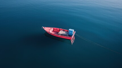 Wall Mural -  a red and blue boat floating on top of a body of water next to a boat tied to the side of the boat.