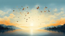  A Painting Of A Sunset With A Lot Of Butterflies Flying In The Sky Over A Body Of Water With Mountains In The Background.