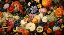  A Close Up Of A Bunch Of Flowers And Fruit On A Table With A Knife And Fork In Front Of It.