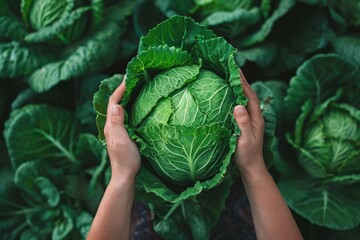 two hands reach up to a huge cabbage