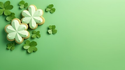 Poster -  shamrock cookies with white frosting and green leaves on a green background for st patrick's day or st patrick's day.