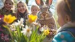 Children gathered around an Easter bunny, eagerly waiting to take photos and receive festive treats, the HD camera capturing the joy and wonder on their faces