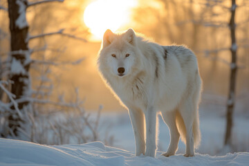  Arctic wolf on the snow with sunrise