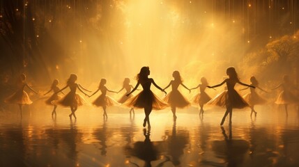 Sticker -  a group of ballerinas holding hands in front of a stage with a bright light coming from behind them.