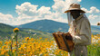 beekeeper keeping bees with mountains in the background and beautiful flowers