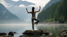  A Woman Standing On A Rock In The Middle Of A Body Of Water With Her Arms Up In The Air.