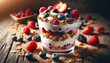 Granola yogurt parfait, beautifully layered with fresh berries, presented on a wooden background.