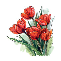 Poster - bouquet of red tulips cartoon style watercolor illustration on white background