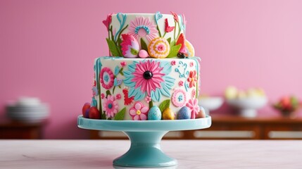  a multi - tiered cake decorated with flowers on a blue cake stand on a table in front of a pink wall.