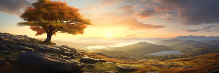 Wall Mural - Lone tree standing on a rocky hill overlooking a lake bathed in a warm sunset, Scottish landscapes, panorama. Success concept