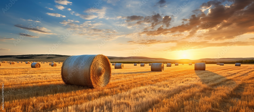 Rural farm background with hay bales at sunset. Rustic countryside view ...