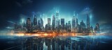Fototapeta Nowy Jork - Futuristic cityscape with neon lights and bokeh background of drones delivering finance services