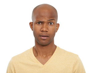 Wall Mural - Portrait, confused and black man with doubt, why and model isolated on white studio background. Face, African person and guy with expression, reaction and omg with emoji, wow and review with feedback