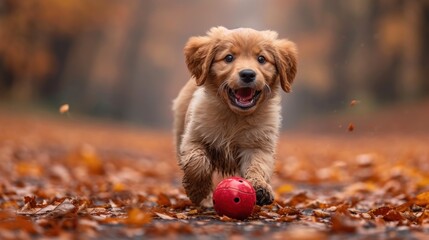 Canvas Print -  a dog running with a red ball in it's mouth in a leafy area with trees in the background.