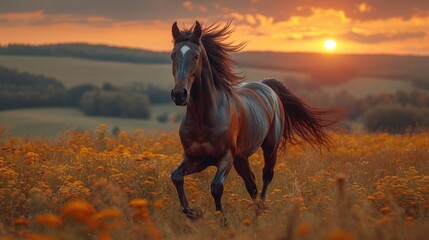 Poster -  a horse running through a field of wildflowers with the sun setting in the distance in the distance behind it.